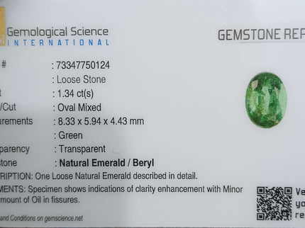 Certified 1.34ct Natural Zambian Emerald.