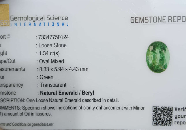GSI Certified 1.34ct Deep Green Zambian Emerald Minor Oiled Loose Gemstone