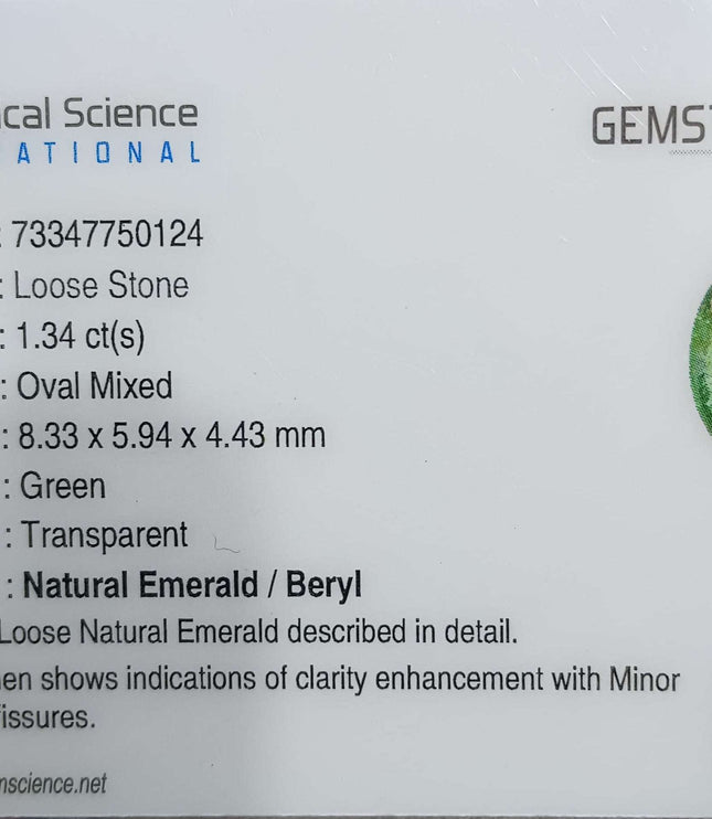 Certified 1.34ct Natural Zambian Emerald.