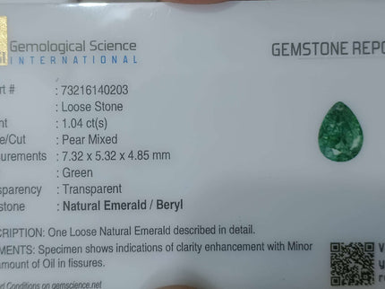 1.04ct Natural Emerald Medium Bluish Green GSI Certified Zambian Pear Cut Gemstone