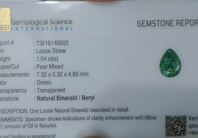 GSI Certified 1.04ct Medium Bluish Green Natural Zambian Emerald Minor Oiled Loose Gemstone