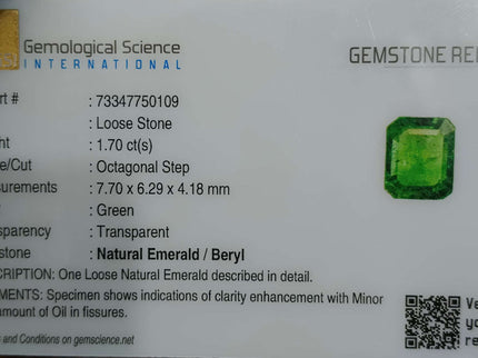 Zambian Emerald 1.70ct Natural Certified Glass Green  Minor Oiled Loose Gemstone