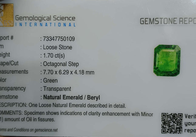 GSI Certified 1.70ct Medium Deep Green Zambian Emerald Minor Oiled Loose Gemstone