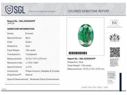 1.92ct Natural Emerald SGL Certified Deep Intense Green Oval Cut Loose Gemstone