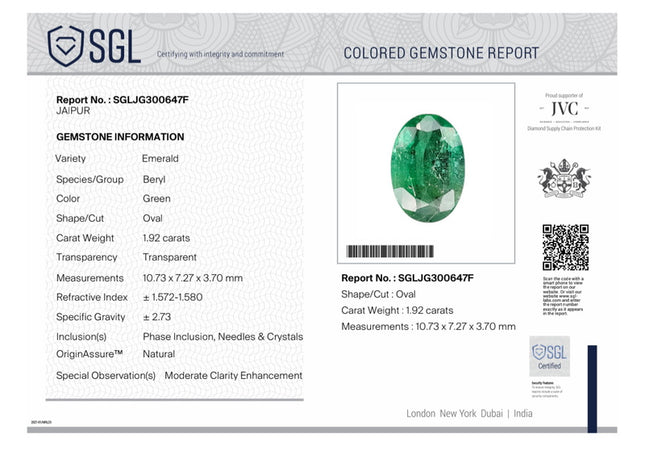 1.92ct Natural Emerald SGL Certified Deep Intense Green Oval Cut Loose Gemstone