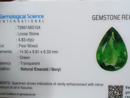 Zambian Emerald 4.83ct Natural Certified Medium Deep Forest Green Pear Cut Loose Gemstone
