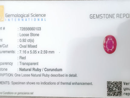 GSI Certified 0.92ct Mozambique Ruby, Natural Untreated Gemstone