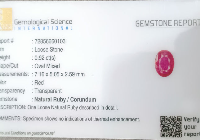 GSI Certified 0.92ct Mozambique Ruby, Natural Untreated Gemstone