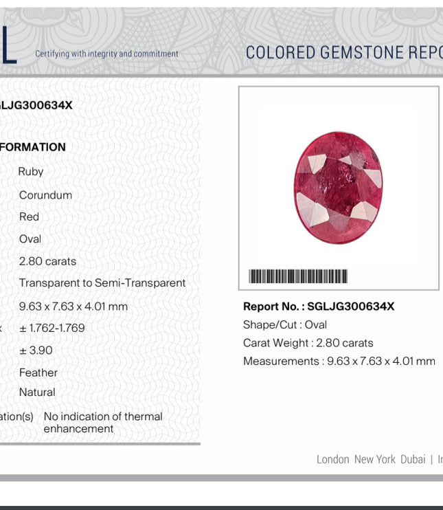 2.80ct Unheated Natural Ruby Mozambique SGL Certified Vivid Red Oval Loose Gemstone