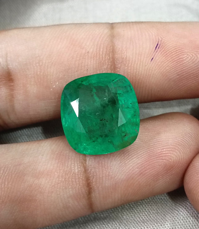 Natural Emerald 14.42ct Certified Medium Deep Bright Green Cushion Cut Gemstone