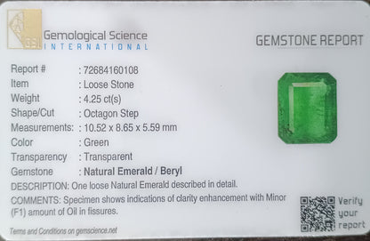 GSI Certified 4.25ct Vivid Deep Green Emerald, Natural Earth Mined Gemstone