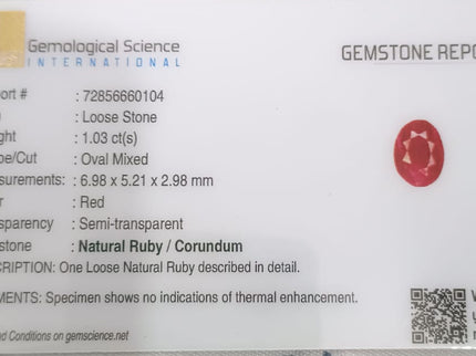 GSI Certified 1.03ct Mozambique Ruby, Natural Untreated Ruby