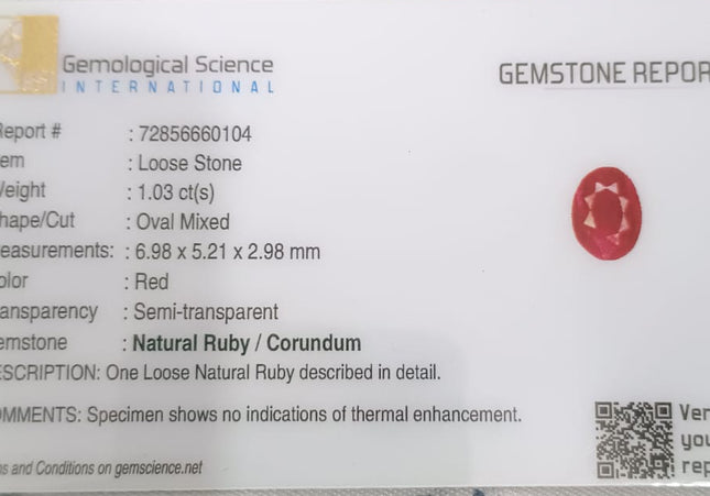GSI Certified 1.03ct Mozambique Ruby, Natural Untreated Ruby