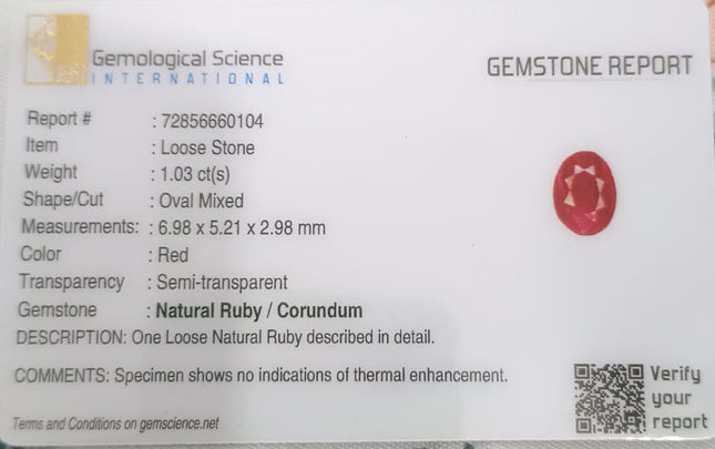GSI Certified 1.03ct Mozambique Ruby, Natural Untreated Ruby