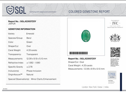 4.33ct Natural Emerald Medium Spring Green SGL Certified Oval Cut Gemstone