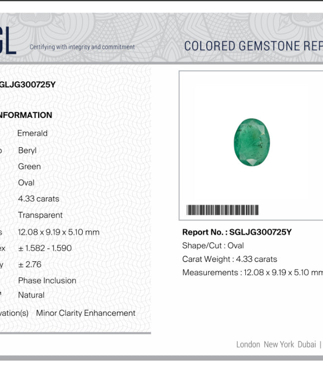 4.33ct Natural Emerald Medium Spring Green SGL Certified Oval Cut Gemstone