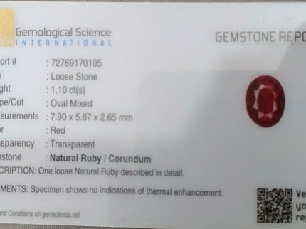 GSI Certified 1.10ct Deep Maroon Red Ruby, Untreated