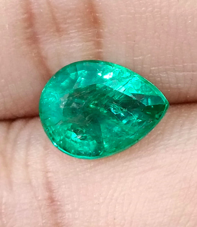 3.19ct Zambian Emerald, Certified Natural Bright Spring Green Pear Cut Loose Gemstone