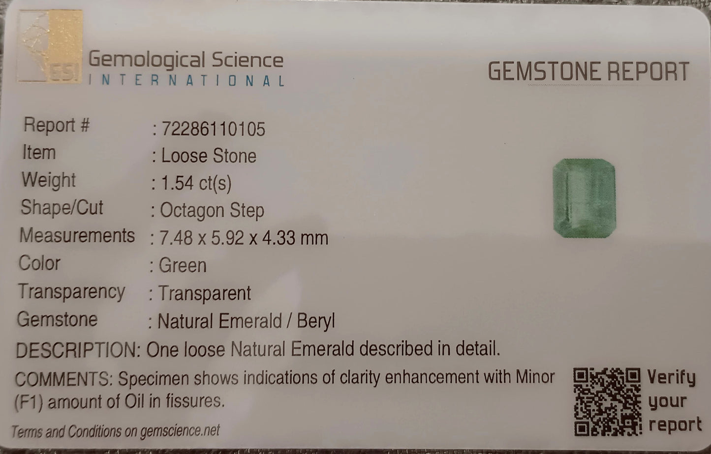 GSI Certified 1.54ct Pastel Green Emerald , 100% Natural Earth Mined Gem.