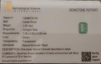 GSI Certified 1.54ct Pastel Green Emerald , 100% Natural Earth Mined Gem.