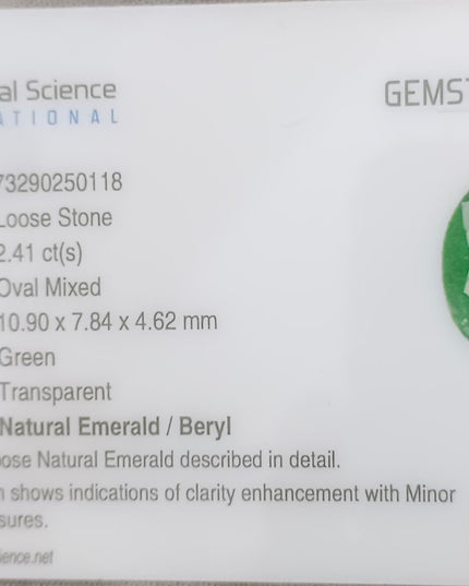 2.41ct GSI Certified Deep Green Zambian Emerald Minor Oiled Loose Gemstone