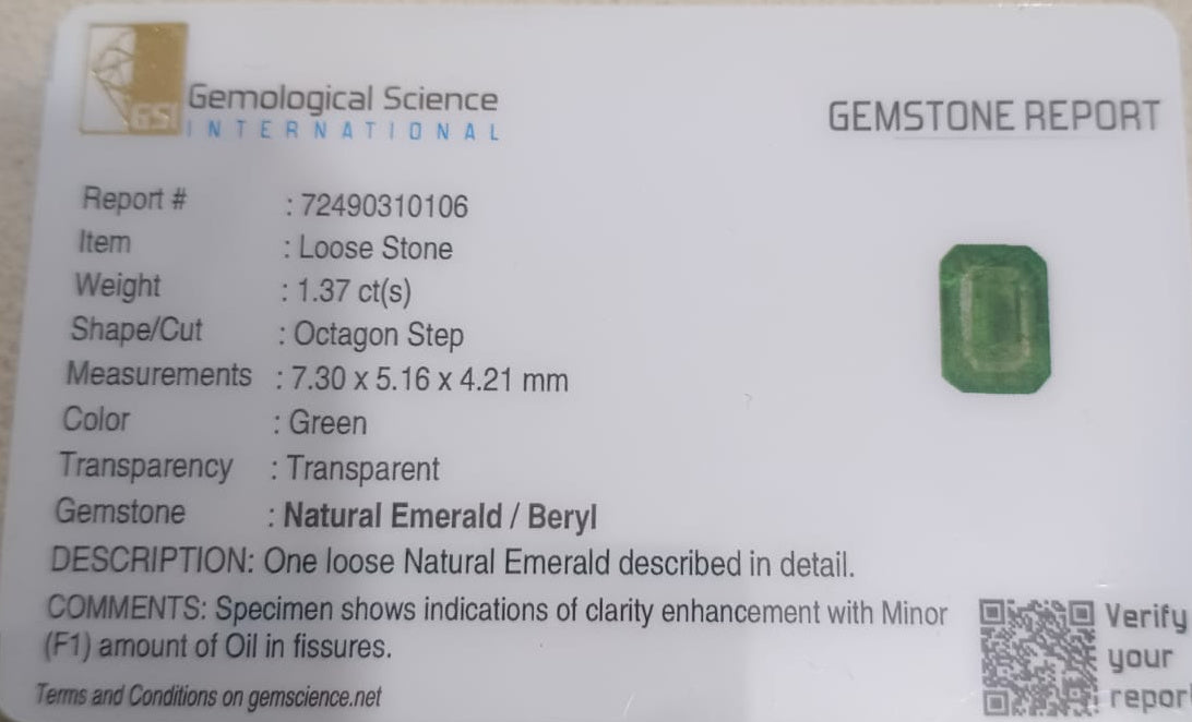 GSI Certified 1.37ct Panjshir Emerald , 100% Natural Earth Mined Gem.