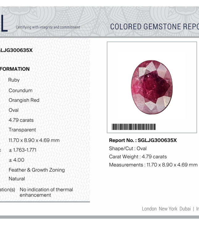 4.79ct Untreated Ruby Natural Mozambique SGL Certified Wine Red Loose Gemstone