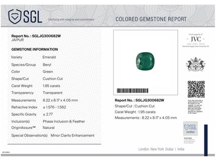 Emerald Natural 1.95ct Zambia Minor Oiled SGL Certified Cushion Cut Loose Gemstone