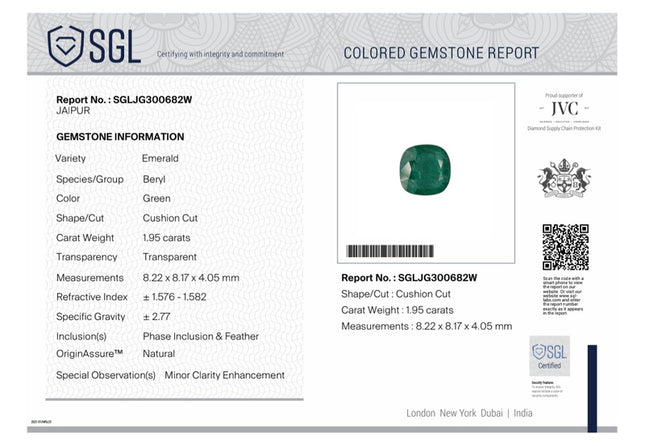 Emerald Natural 1.95ct Zambia Minor Oiled SGL Certified Cushion Cut Loose Gemstone