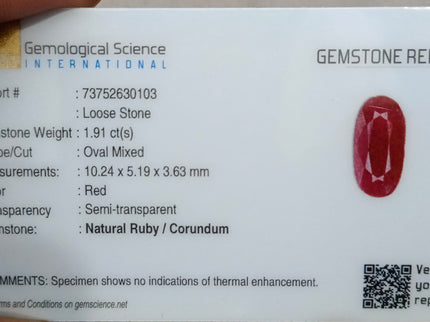 Mozambique Ruby 1.91ct Certified Natural Red Unheated Oval Cut Gemstone