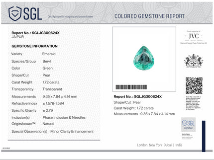 1.72ct Natural Emerald Zambia SGL Certified Medium Green Pear Cut Loose Gemstone