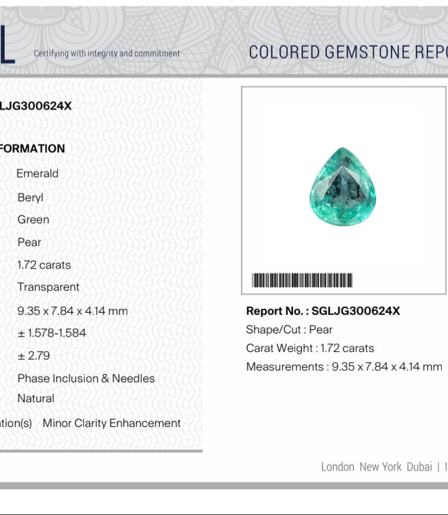 1.72ct Natural Emerald Zambia SGL Certified Medium Green Pear Cut Loose Gemstone