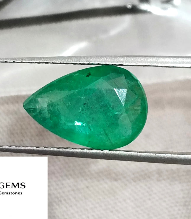 3.25ct Zambian Emerald, Certified Natural Velvet Green Pear Cut Loose Stone
