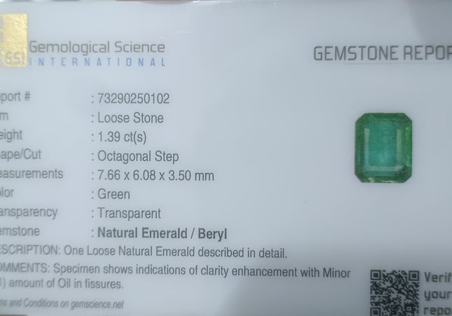 GSI USA Certified 1.39ct Medium Green Natural Zambian Minor Oiled Loose Gemstone