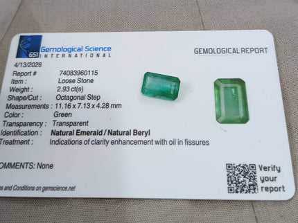 Emerald Natural 2.93ct Certified Medium Green Octagon Cut Loose Gemstone