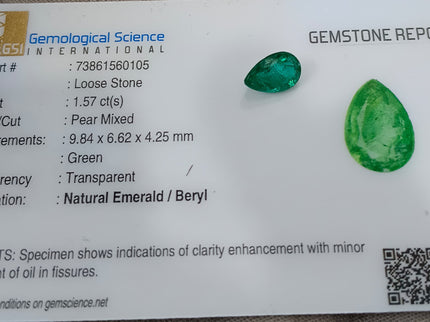1.57ct Zambian Emerald Certified Natural Medium Deep Green Pear Cut Loose Gemstone