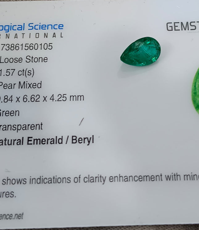 1.57ct Zambian Emerald Certified Natural Medium Deep Green Pear Cut Loose Gemstone