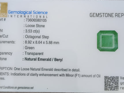 Zambian Emerald 3.53ct Bright Shamrock Green Natural Certified Octagon Cut Loose Stone