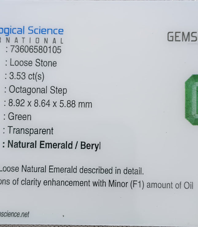 Zambian Emerald 3.53ct Bright Shamrock Green Natural Certified Octagon Cut Loose Stone