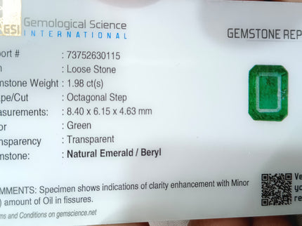 1.98ct Zambian Emerald, Vivid Deep Green Octagon Cut Certified Gemstone