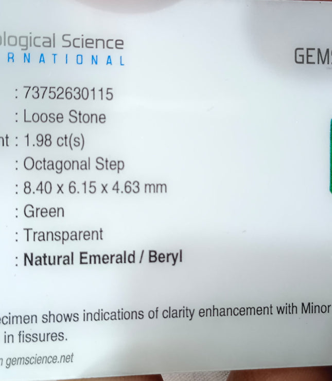 1.98ct Zambian Emerald, Vivid Deep Green Octagon Cut Certified Gemstone