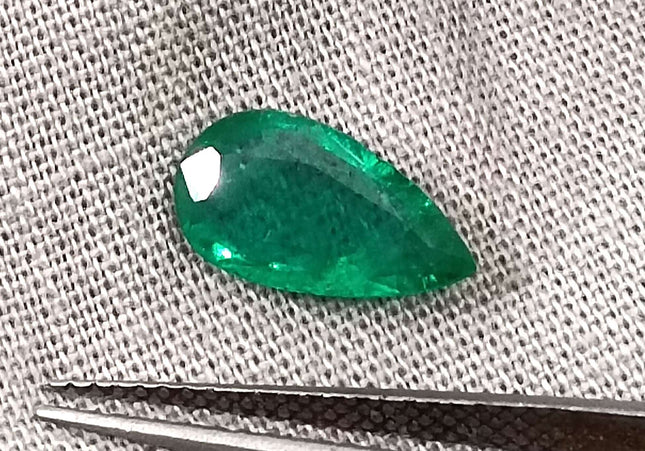 GSI Certified 1.33ct Deep Green Pear Cut Zambian Emerald Minor Oiled Loose Gemstone