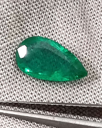 GSI Certified 1.33ct Deep Green Pear Cut Zambian Emerald Minor Oiled Loose Gemstone