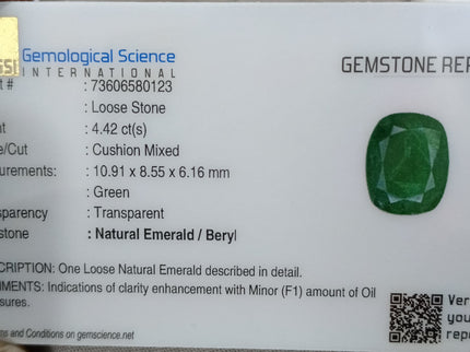 Dark Green 4.42ct Zambian Emerald, Certified Natural Cushion Cut Loose Gemstone
