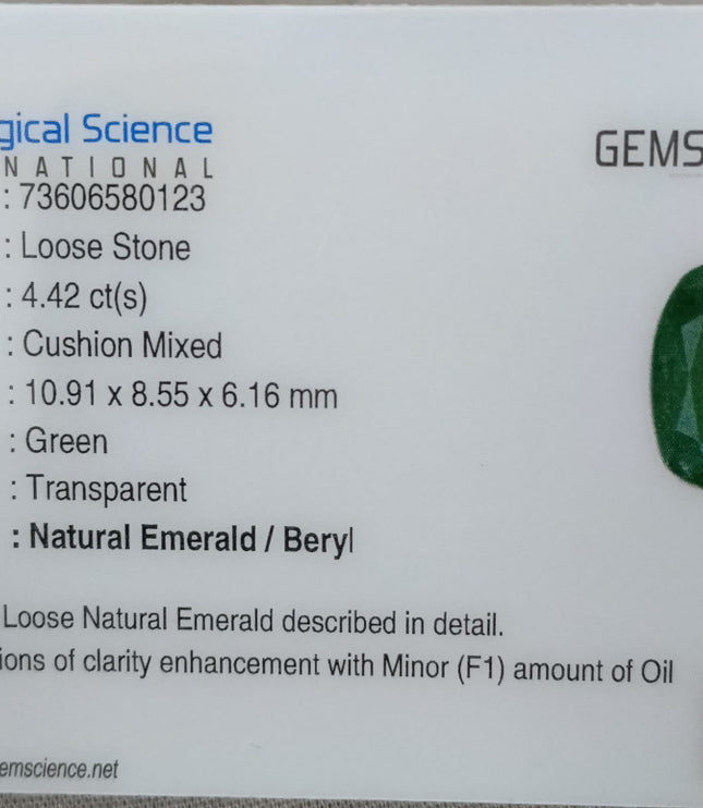 Dark Green 4.42ct Zambian Emerald, Certified Natural Cushion Cut Loose Gemstone