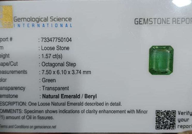 GSI Certified 1.57ct Medium Deep Green Zambian Emerald Minor Oiled Loose Gemstone