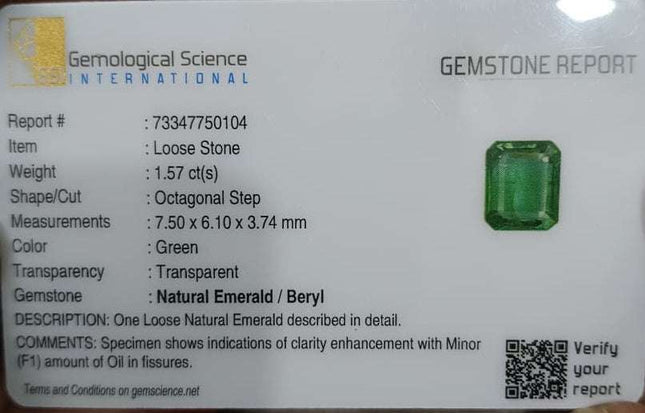 Certified 1.57ct Zambian Natural Emerald