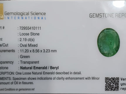 Certified 2.19ct Medium Deep Green Natural Emerald.