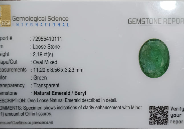 GSI Certified 2.19ct Medium Deep Green Emerald, Natural Gemstone