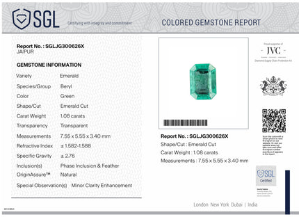 1.08ct Panjshir Emerald Natural SGL Certified Medium Green Octagon Cut Gemstone